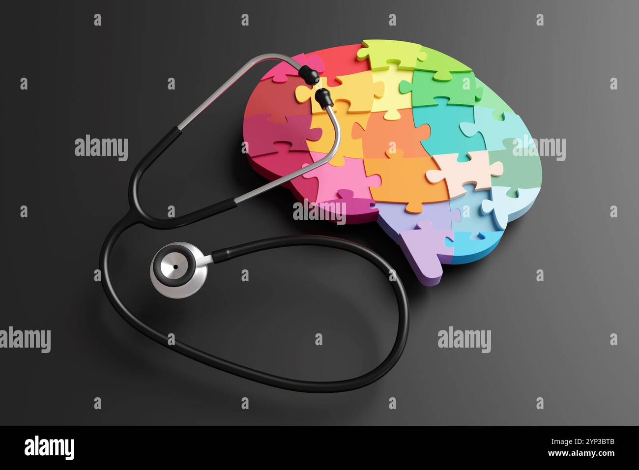 Das Stethoskop befindet sich über einem hirnförmigen Puzzle auf schwarzem Hintergrund. Illustration des Konzepts der medikamentösen Behandlung psychischer Störungen Stockfoto