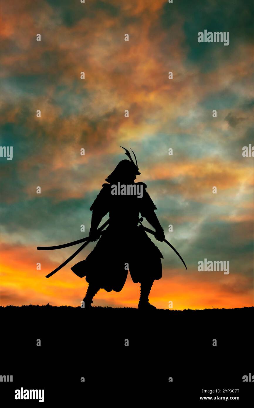 Samurai des alten Japans in Silhouette Stockfoto