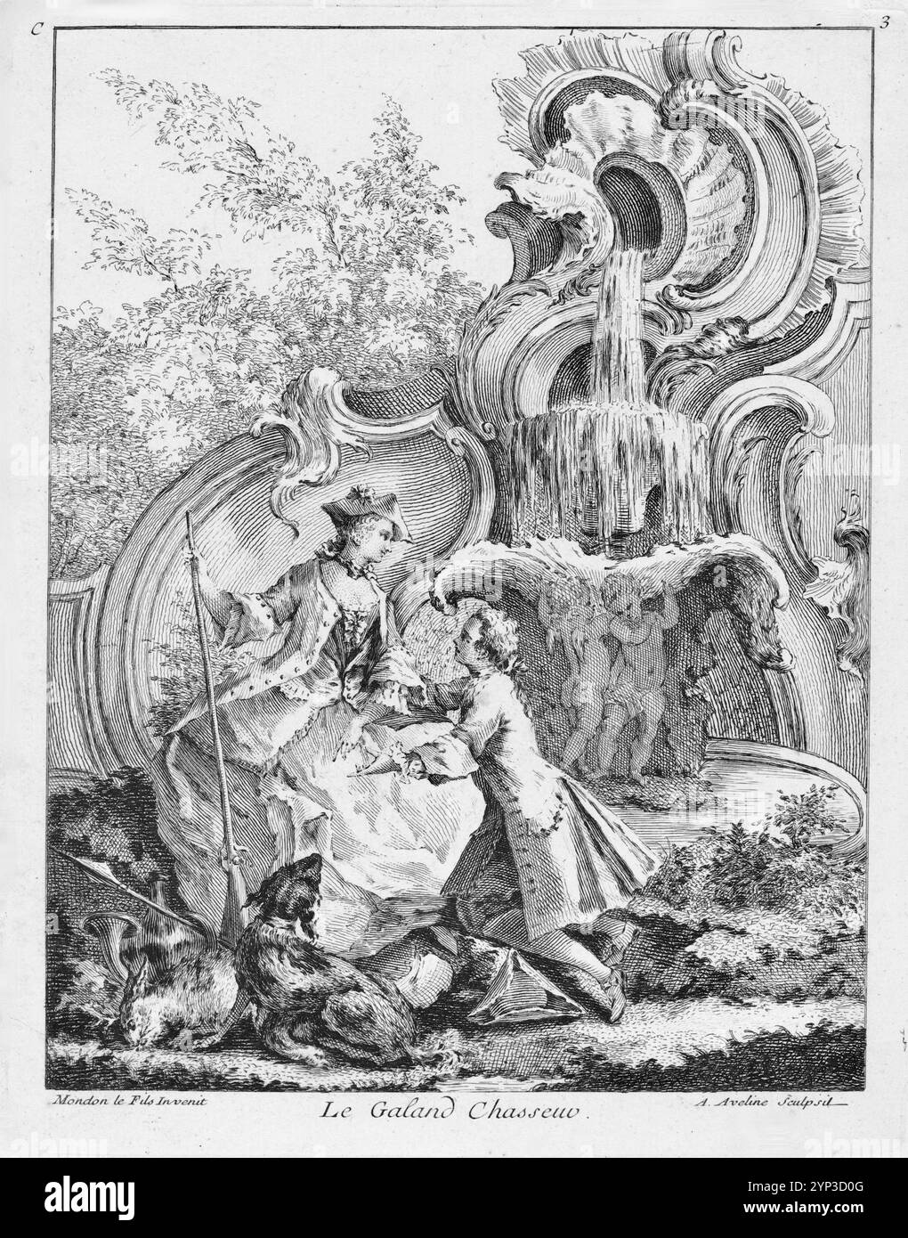 "Antoine Aveline nach Jean Mondon, Le Galand Chasseur, 1736, Gravur auf Büttenpapier, Stockfoto