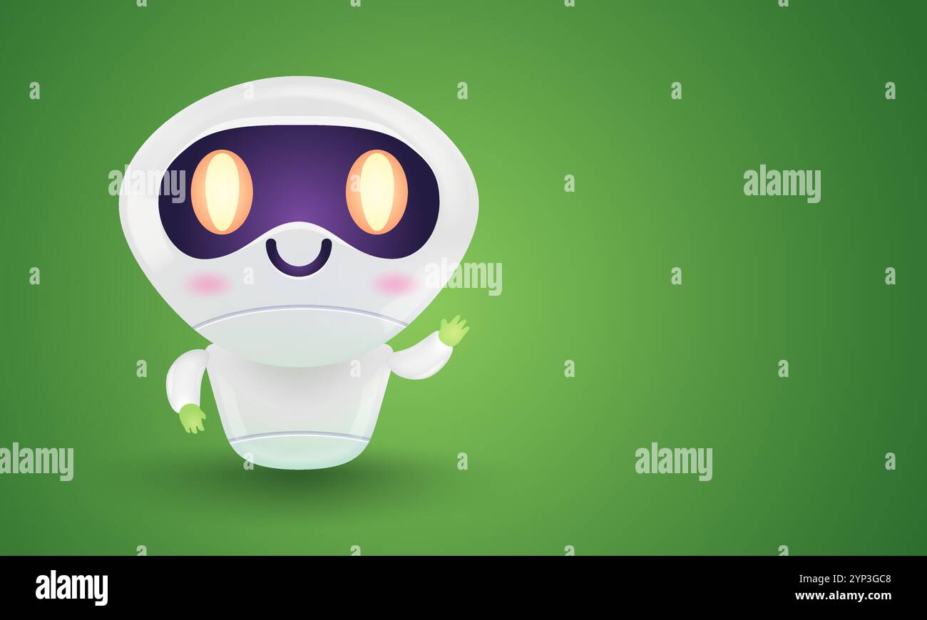 Vektorillustration eines niedlichen Roboters ist auf grünem Hintergrund. Vektorsymbol für Chatbot mit Nachricht im realistischen Stil. Stock Vektor