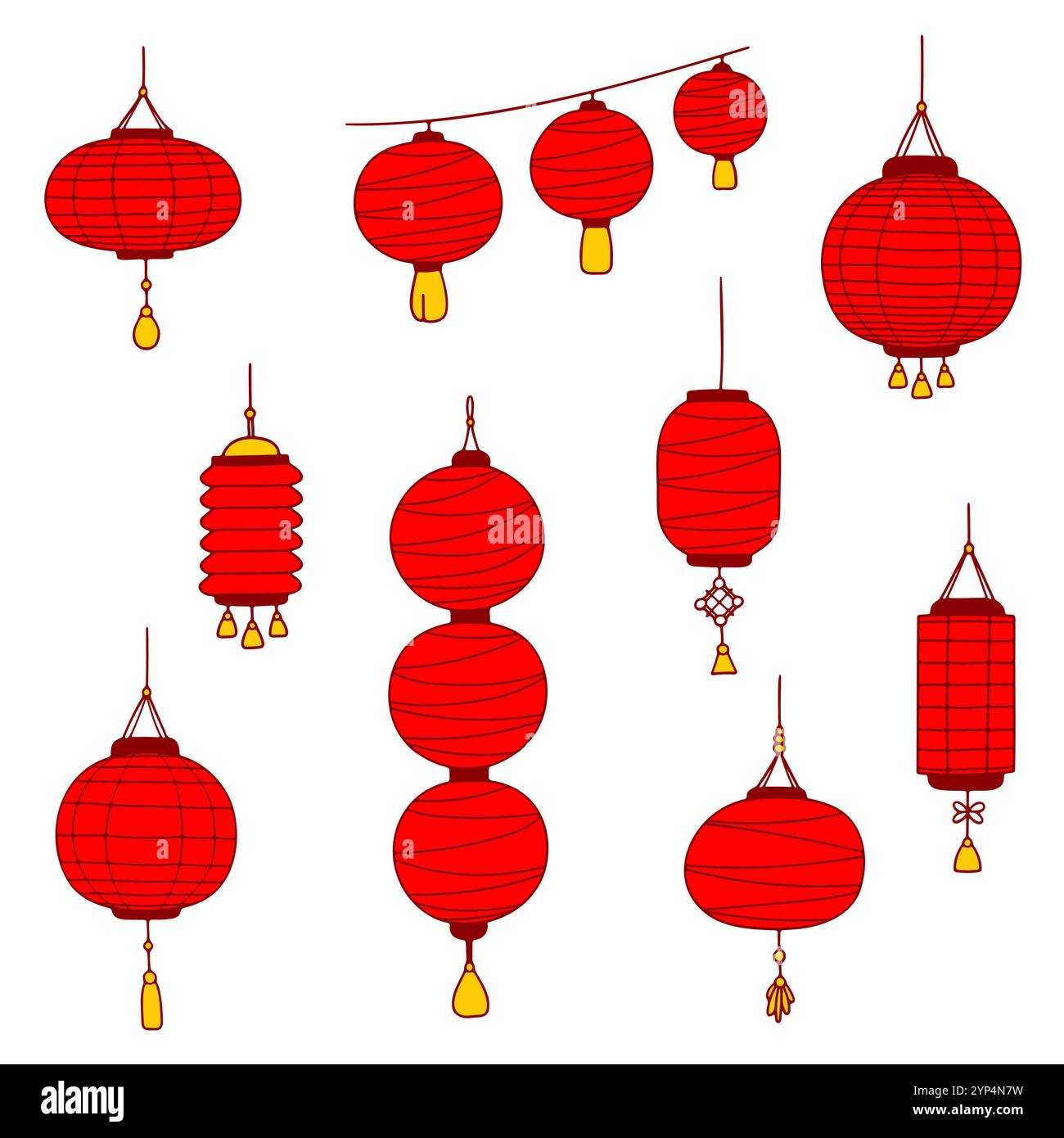 Red Paper Laterne Collection. Traditionelle asiatische Lampen mit Quasten, Knoten und Streicher, verschiedene Formen, einfaches Symbol-Set. Stock Vektor