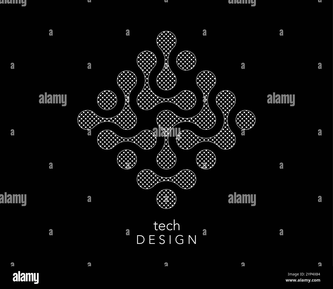 Design des Technology Connection Logos, Übergangszeichen für Flüssigkeiten, abstraktes Integrationssymbol. Vektorkreise Punktbewegung, Schwarzweiß isoliert Stock Vektor