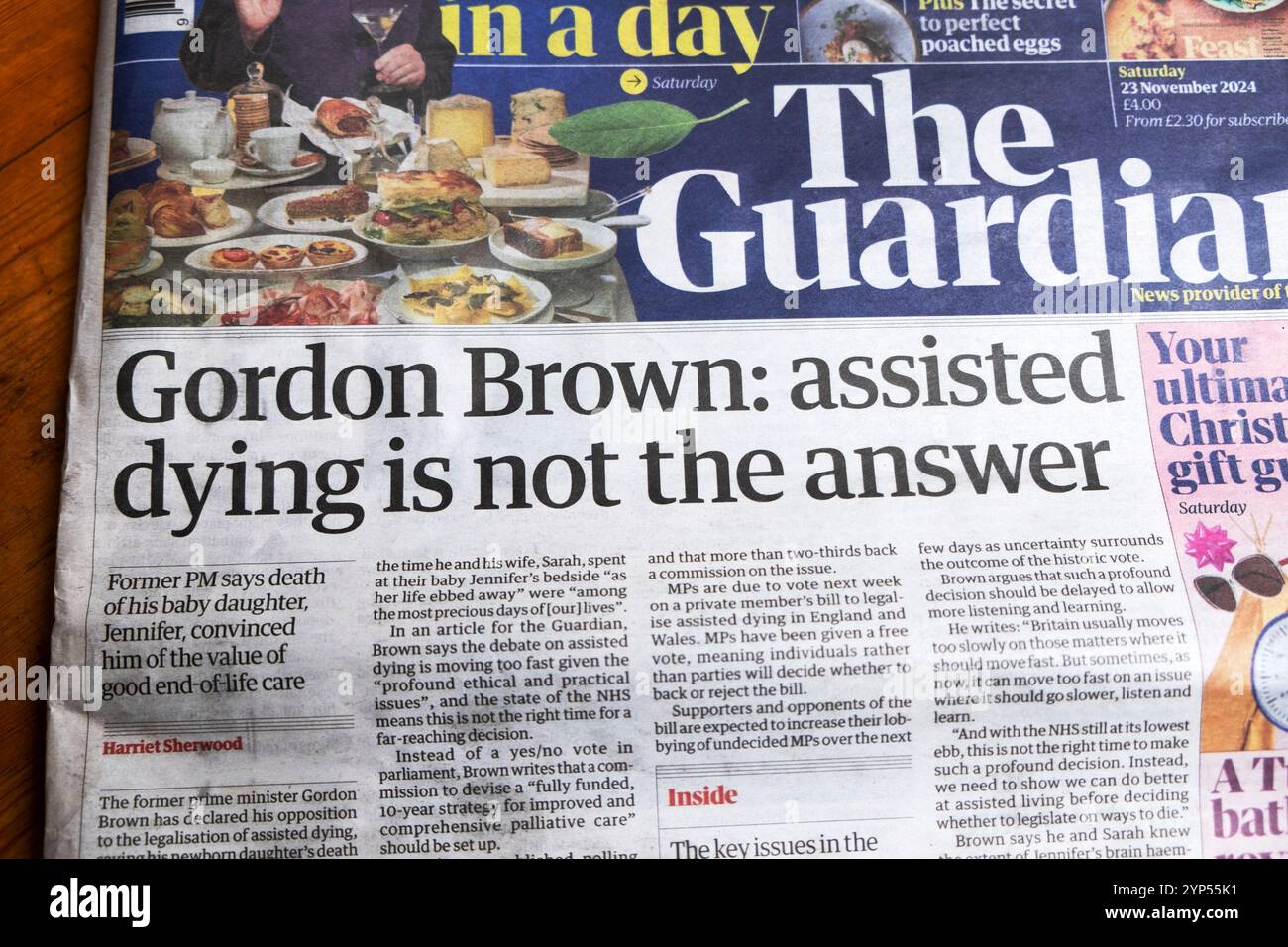 Ehemaliger Labour-Premierminister "Gordon Brown: Assisted Dying is Not the answer" Guardian-Zeitung Schlagzeilen-artikel 23. November 2024 London UK Stockfoto