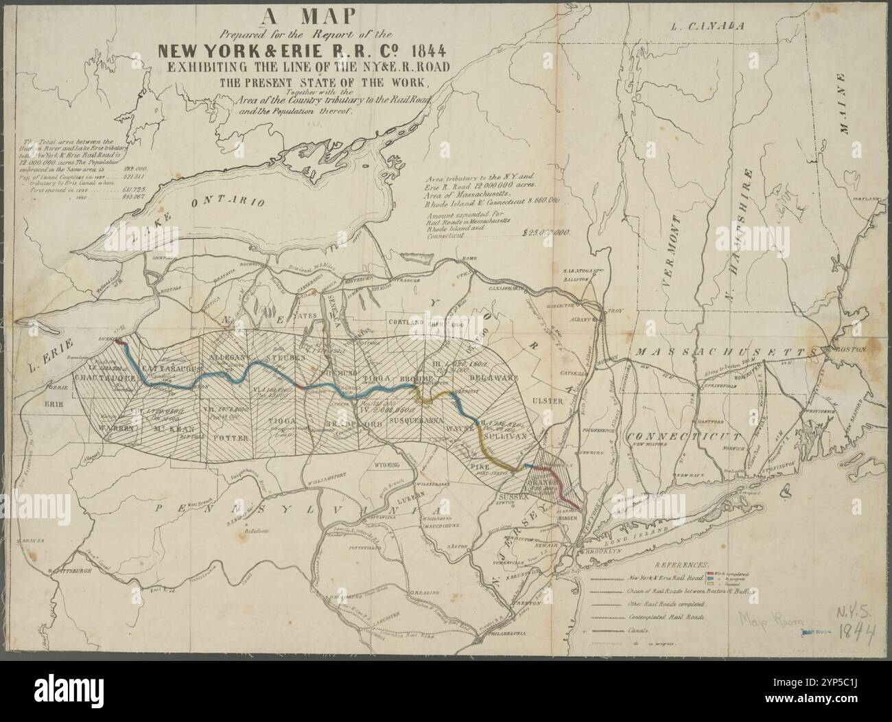 Eine Karte, die für den Bericht der New York & Erie R.R. Co., 1844 erstellt wurde und die Linie der N.Y. & E. R. Road zeigt: & Den aktuellen Stand der Arbeit, zusammen mit dem Gebiet des Landes, das zur Eisenbahn fließt, und der Bevölkerung davon. 1844 Stockfoto