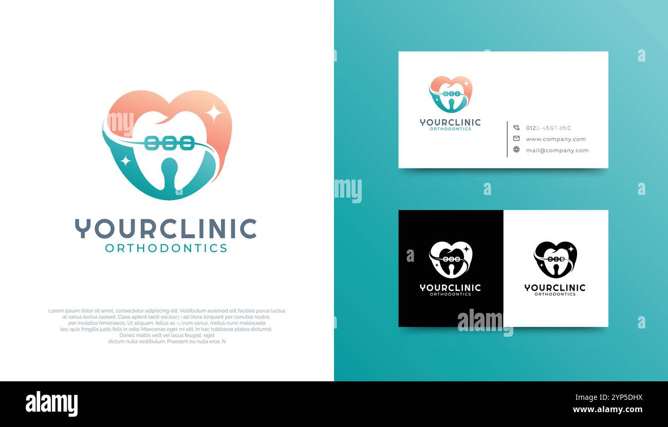 Lustiges kieferorthopädisches Logo, Zahn mit Zahnspange im Herzen, symbolisiert Sorgfalt und Professionalität. Der Farbverlauf sorgt für eine moderne und freundliche Atmosphäre. Stock Vektor