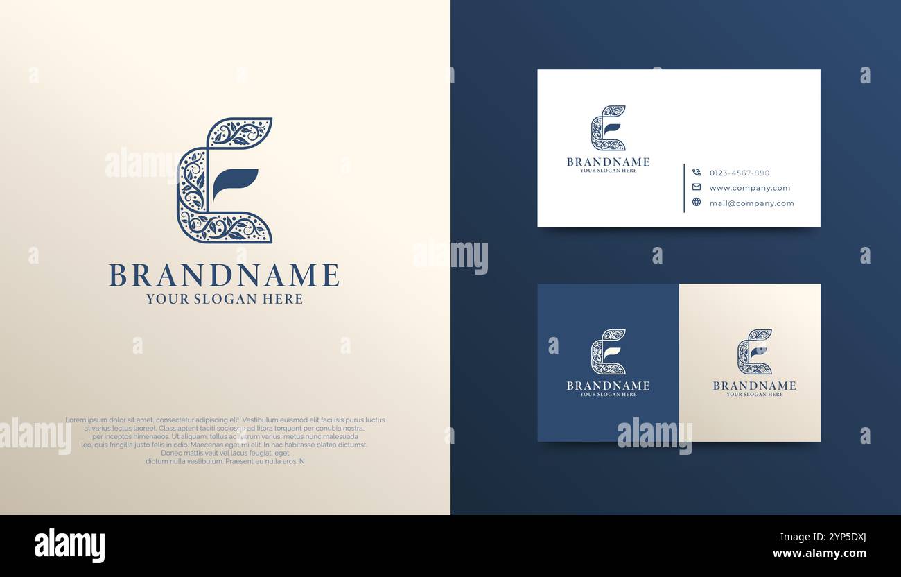 Dieses Logo mit dem eleganten E-Schriftzug vereint komplizierte Blumenmuster und ein minimalistisches Blatt und symbolisiert Eleganz, Wachstum und Nachhaltigkeit in einem tim Stock Vektor