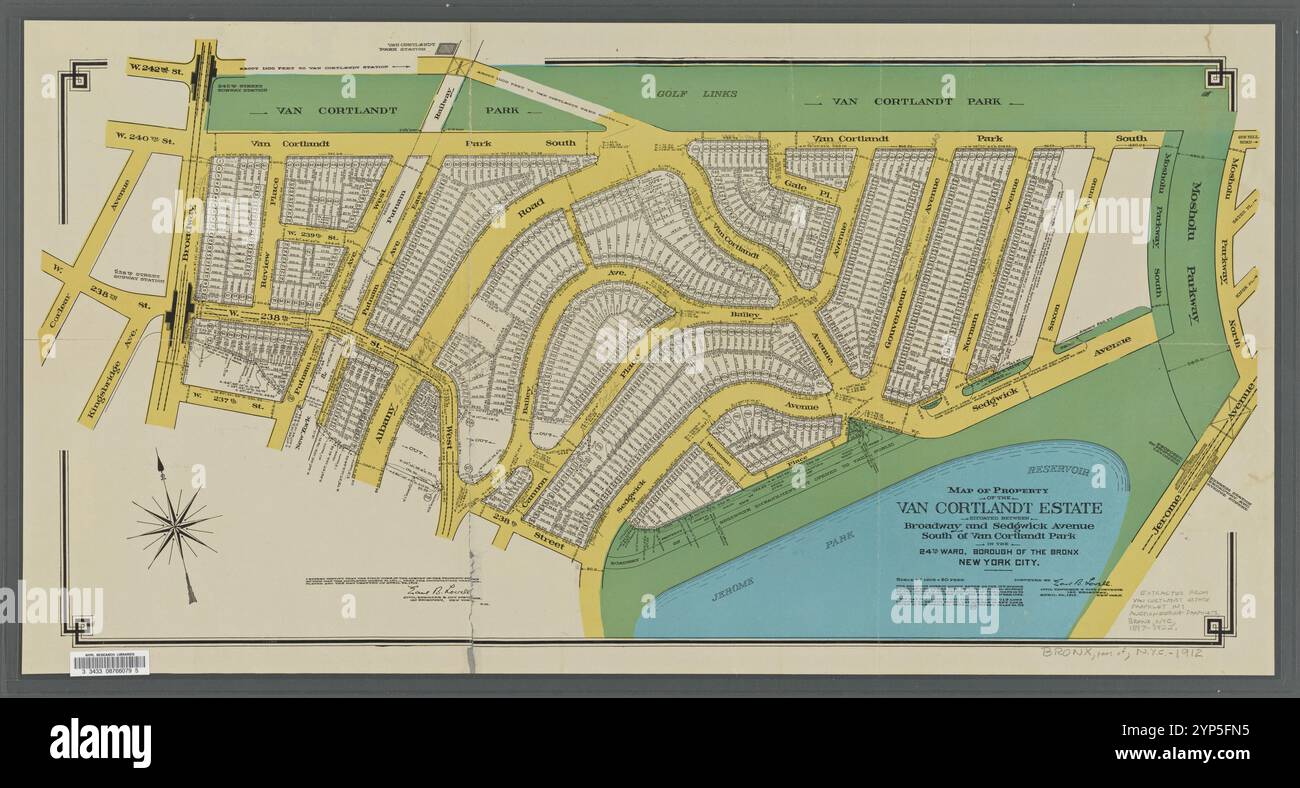 Landkarte des Van Cortlandt Estate zwischen Broadway und Sedgwick Avenue südlich des Van Cortlandt Park im 24th Ward, Borough of the Bronx, New York City. Stockfoto