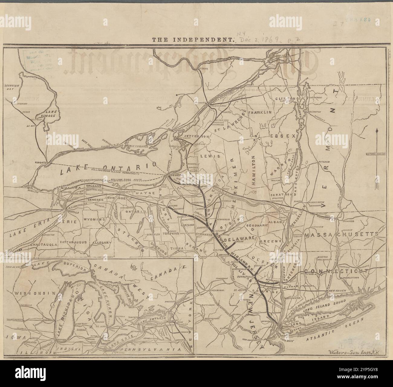 Karte von New York State mit der Route der New York and Oswego Midland Railroad 1869 von Waters-Son (Firma) Stockfoto