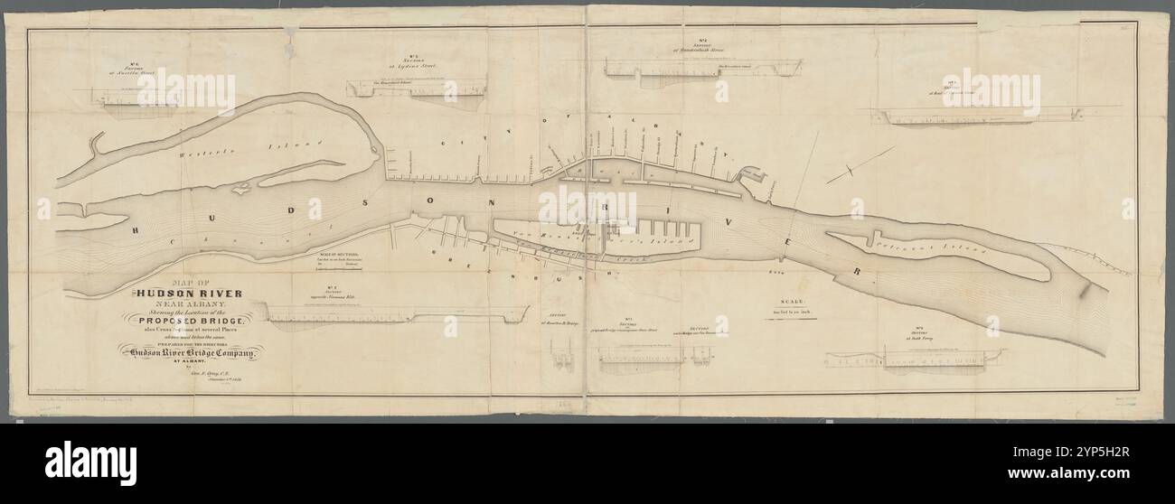 Karte des Hudson River in der Nähe von Albany mit Angabe der Lage der geplanten Brücke: Auch Querschnitte an mehreren Stellen oberhalb und unterhalb derselben 1856 von Gray, George E., 1818-1913 Stockfoto