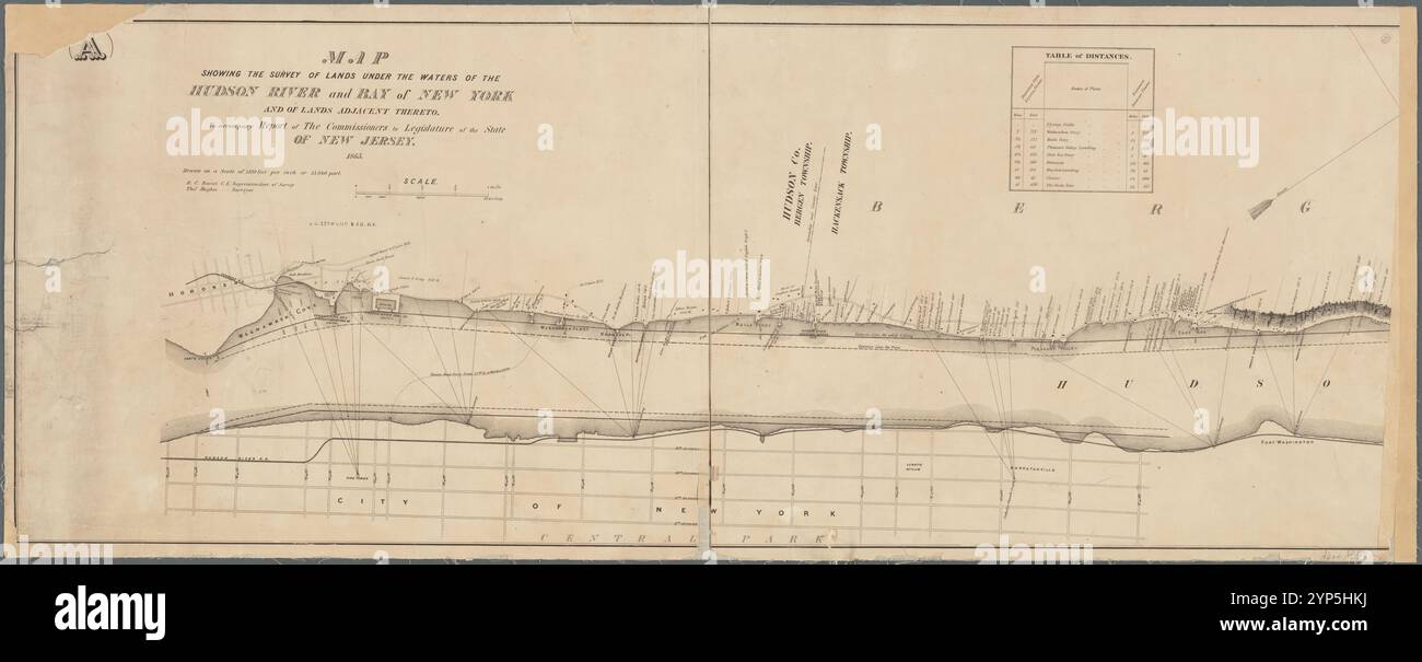 Karte, die die Landvermessung unter den Gewässern des Hudson River und der Bay of New York und der angrenzenden Ländereien zeigt: Bericht der Kommissare an die Legislative of the State of New Jersey 1865 von Bacot, R. C. (Robert Cochrane), 1818- Stockfoto