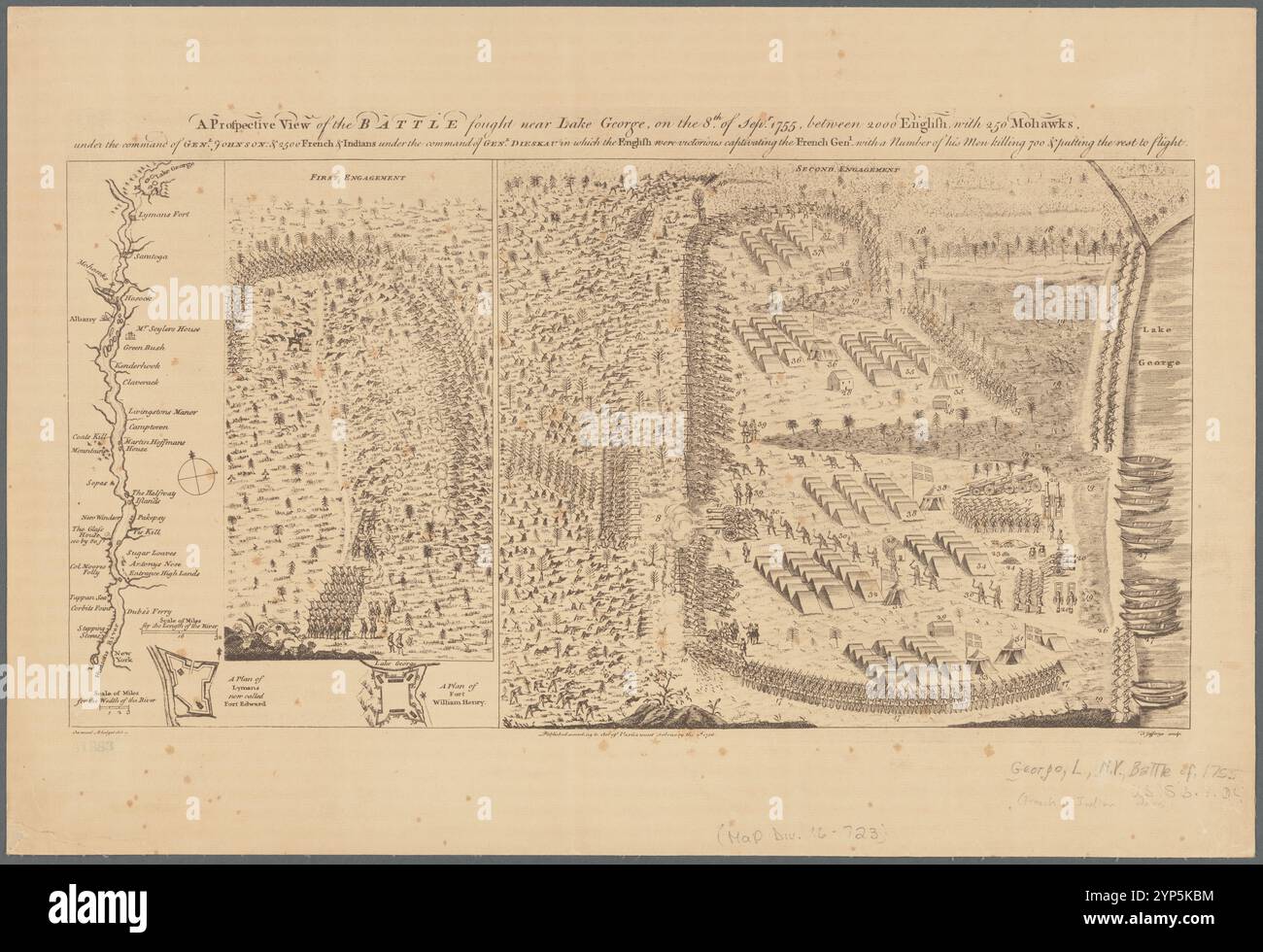 Ein Ausblick auf die Schlacht am Lake George, am 8. SEPR. 1755, zwischen 2000 Englisch, mit 250 Mohawks: Unter dem Kommando von Genl. Johnson & 2500 Franzosen & Indianer unter dem Kommando von Genl. Dieskau, in dem die Engländer siegreich waren und den französischen Genl fesselten. Einige seiner Männer töteten 700 und setzten den Rest in Flug 1800 - 1852 von Blodget, Samuel, 1724-1807 Stockfoto