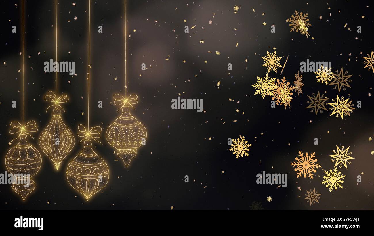 Weihnachtskugeldekoration auf goldenem Hintergrund mit Schnee und Flocken. Weihnachtselemente hängen. Stockfoto