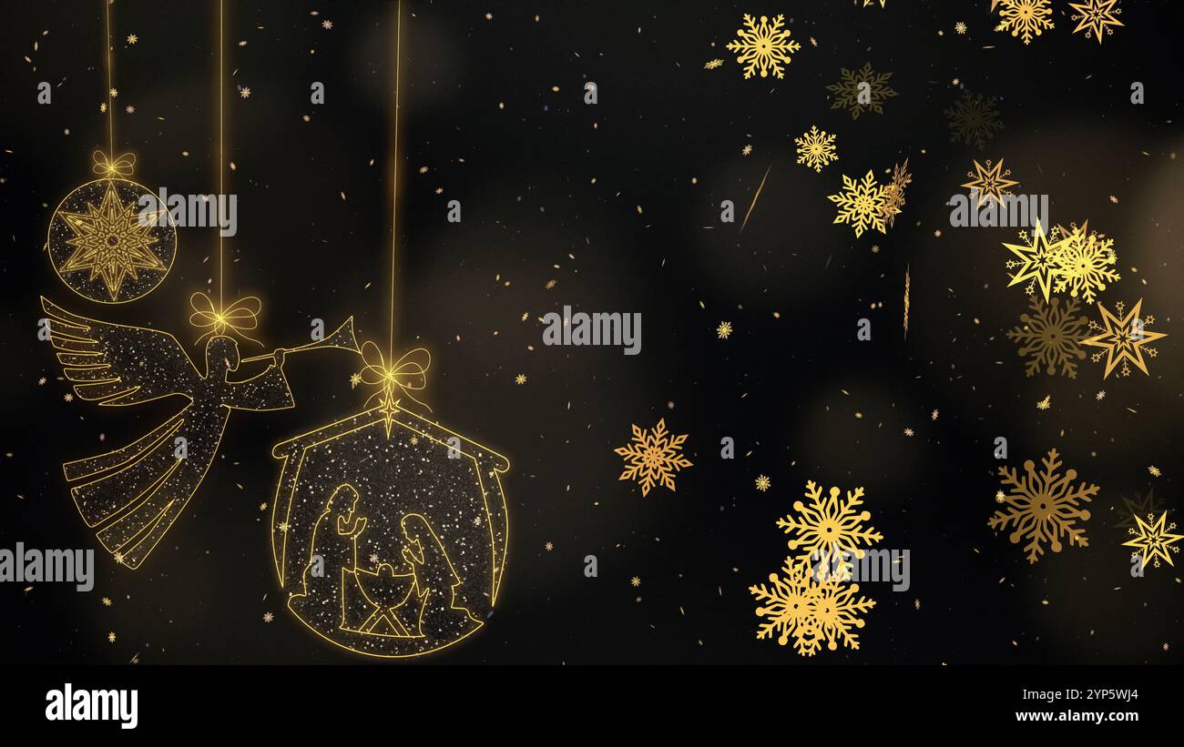 Weihnachtsdekoration auf goldenem Hintergrund mit Schnee und Flocken. Angel, Weihnachtsstern und Krippe mit Maria und Joseph. Stockfoto