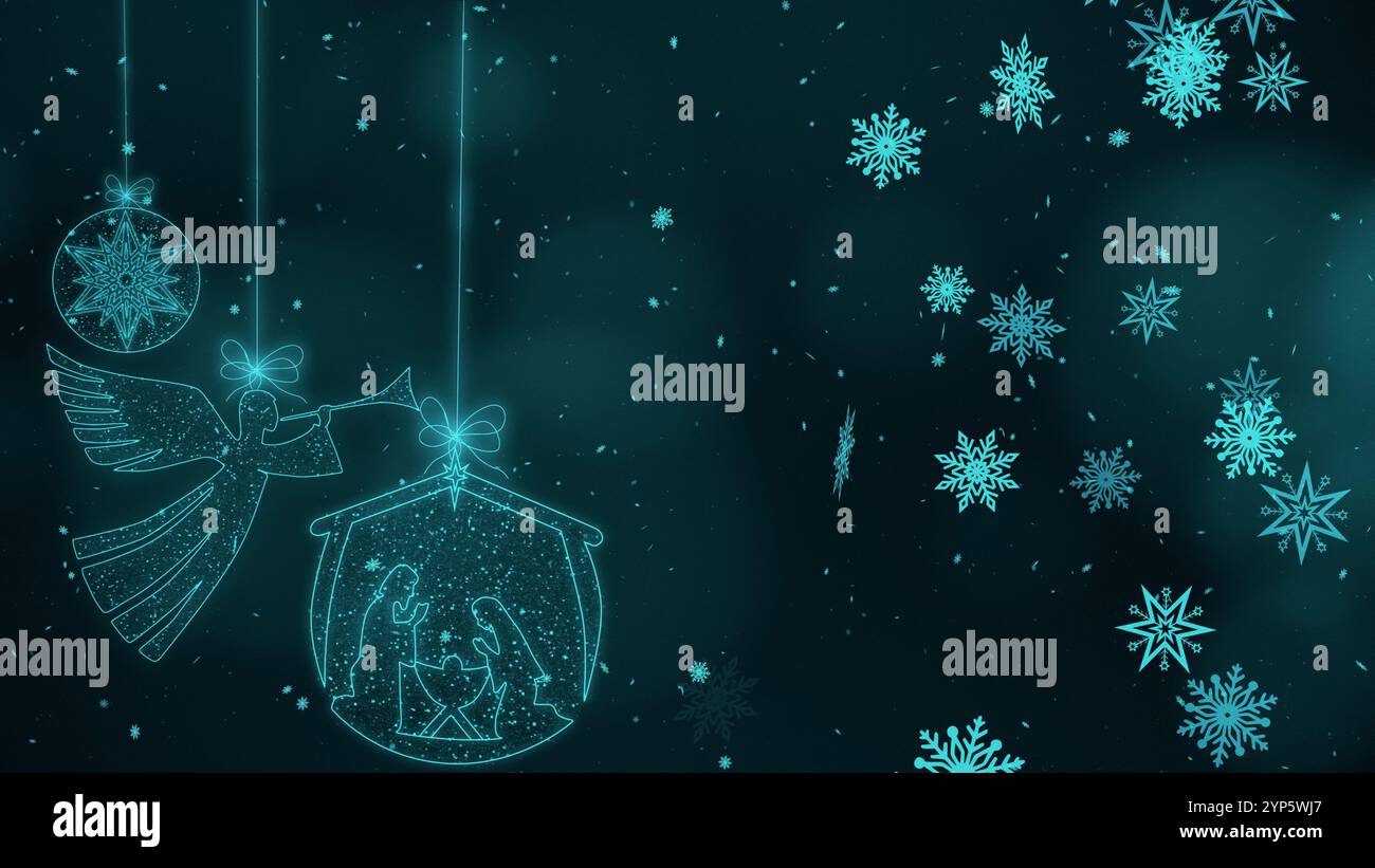 Weihnachtsdekoration auf türkisfarbenem Hintergrund mit Schnee und Flocken. Angel, Weihnachtsstern und Krippe mit Maria und Joseph. Stockfoto