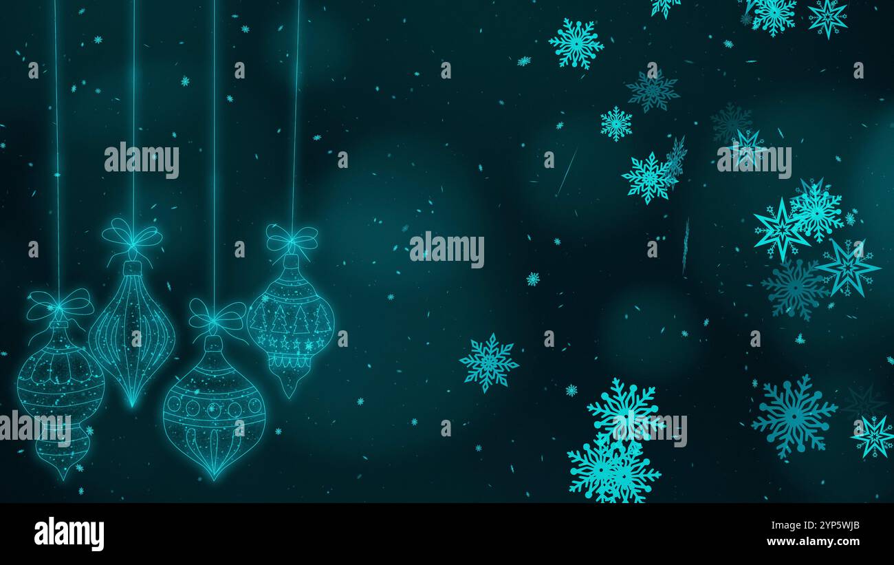 Weihnachtskugeldekoration auf türkisfarbenem Hintergrund mit Schnee und Flocken. Weihnachtselemente hängen. Stockfoto