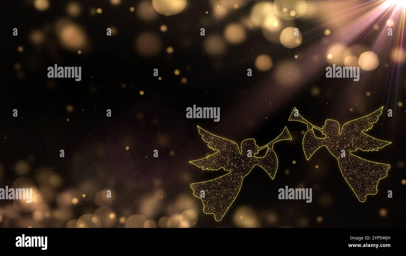 Zwei strahlende Weihnachtsengel, die mit Trompeten im Hintergrund spielen. Stockfoto