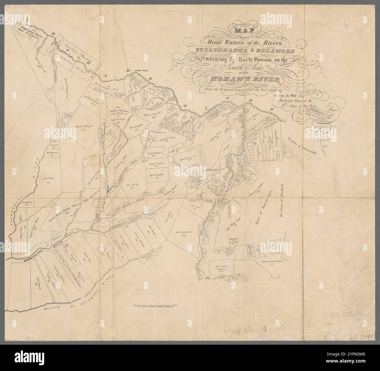 Karte der Quellgewässer der Flüsse Susquehanna & Delaware: Embapping the early Patents on the South Side of the Mohawk River : aus dem Original, gezeichnet um das Jahr 1790 1855–1900 von de Witt, Simeon, 1756-1834 Stockfoto