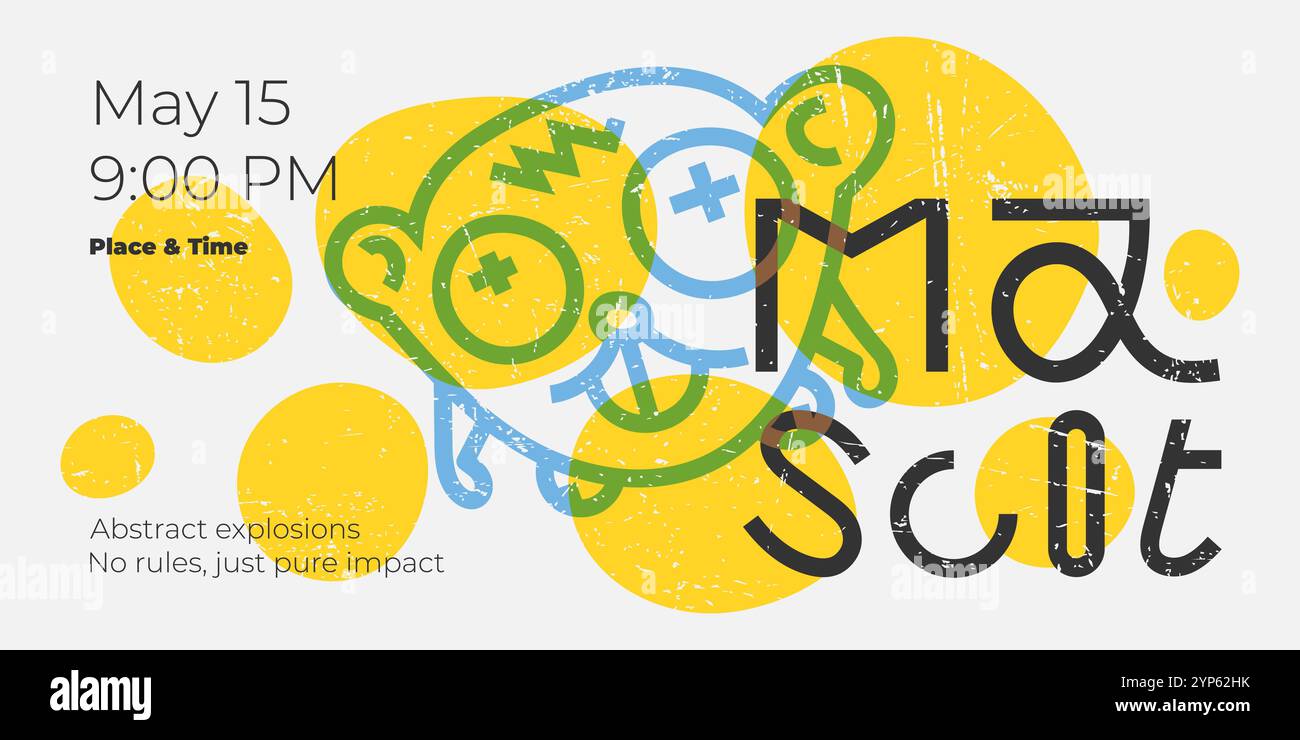 Horizontales Poster mit lustigem Graffiti-Charakter, abstrakten Formen und Vintage-Kratzern. Mit kreativer Schriftart. Editierbare Vorlage, die moderne Kunst und trendiges Design vereint Stock Vektor