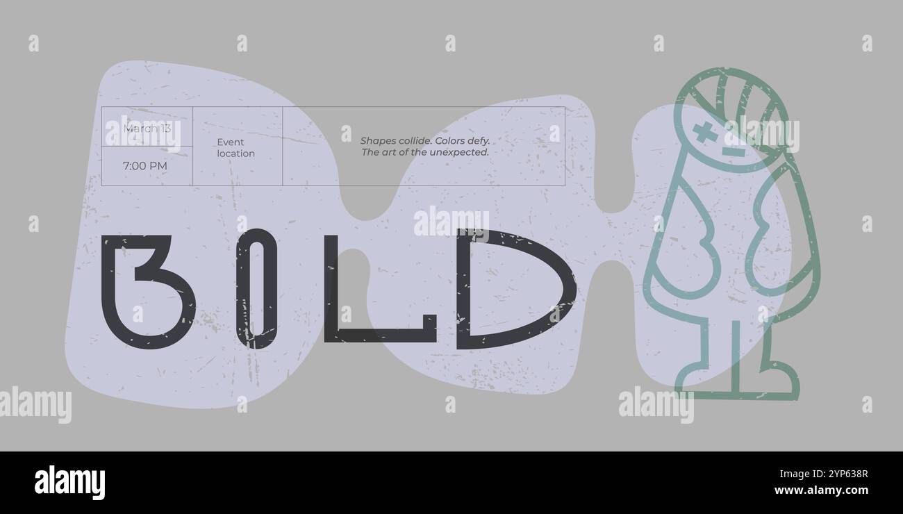 Lustige Figur im Graffiti-Stil auf auffälligem abstraktem Hintergrund mit Vintage-Kratzern. Kreative Schriftart verleiht Flair. Editierbare moderne Vorlage für Kunst- oder Modeprojekte Stock Vektor