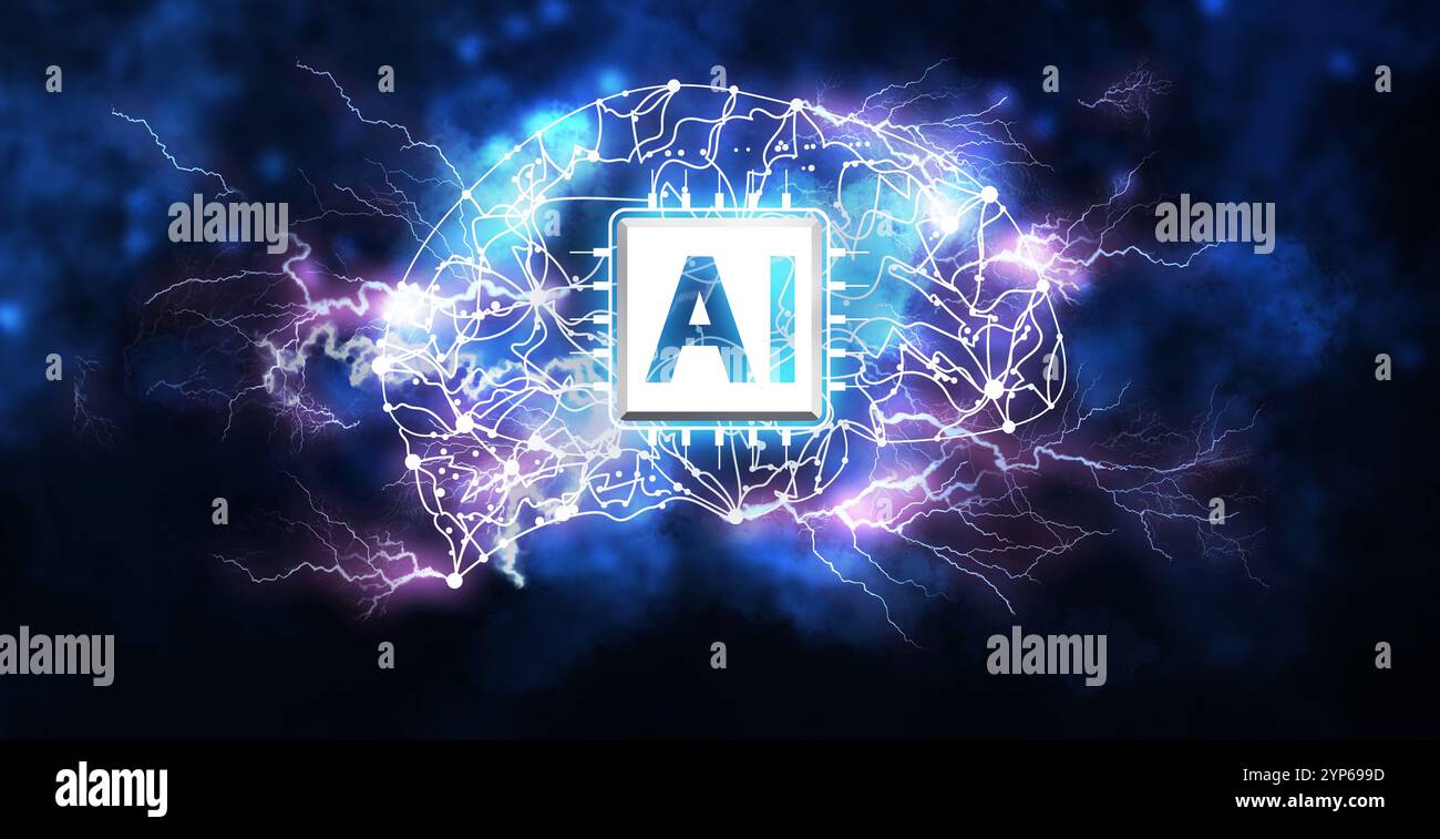 Künstliche Intelligenz. Illustration eines glühenden Gehirns mit Leuchtmitteln und KI-Chip auf dunklem rauchigen Hintergrund. Bannerdesign Stockfoto