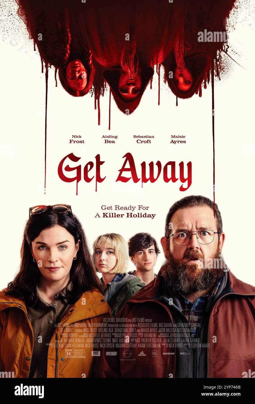 Get Away (2024) von Steffen Haars mit Nick Frost, Aisling Bea, Sebastian Croft und Maisie Ayres. Der Urlaub einer Familie nimmt in diesem Horrorthriller eine furchtbare Wende. US-Poster NUR FÜR REDAKTIONELLE ZWECKE. Quelle: BFA/IFC Films Stockfoto