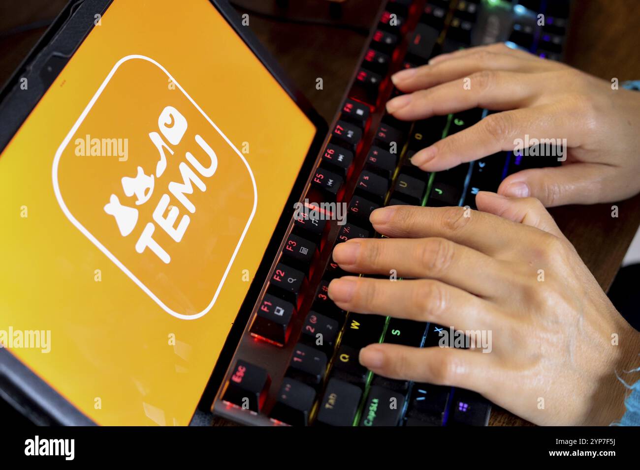 In dieser Fotoabbildung wird eine Person neben dem Temu-Logo auf dem Bildschirm eines Tablets angezeigt Stockfoto