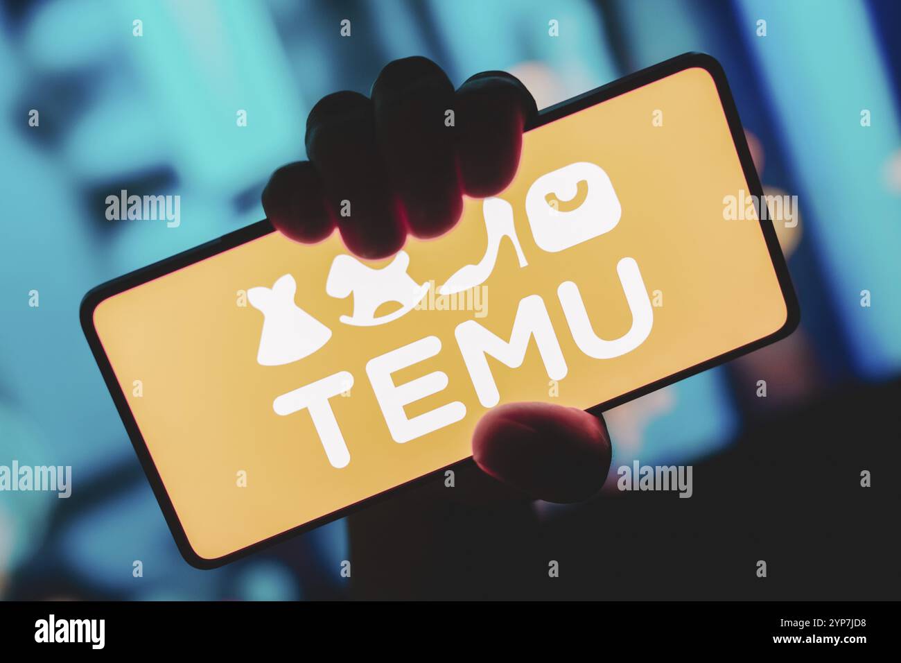 In dieser Abbildung wird das Temu-Logo auf einem Smartphone-Bildschirm angezeigt Stockfoto