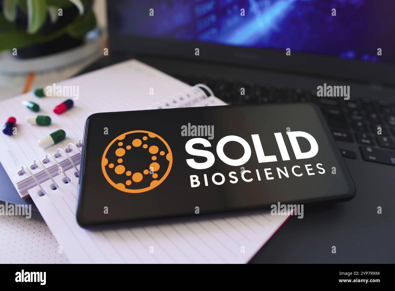 In dieser Fotoabbildung wird das Solid Biosciences Logo auf einem Smartphone-Bildschirm angezeigt Stockfoto