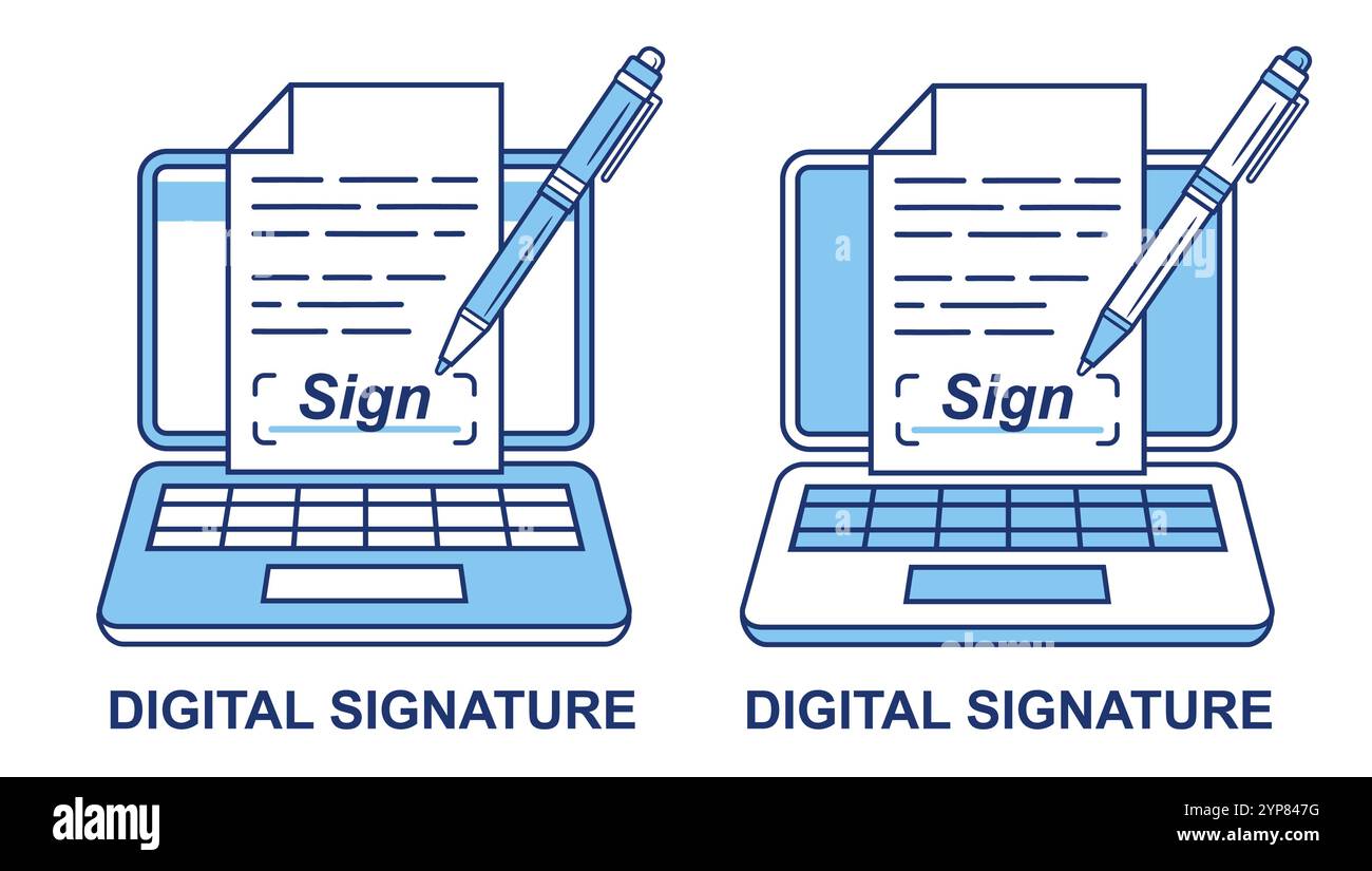 Digitale elektronische Signatur, Online-Geschäftsdokument Text Papier handsigniert. E-Signature-Schreiben mit Eingabestift auf dem Symbol des Laptopgeräts Stock Vektor