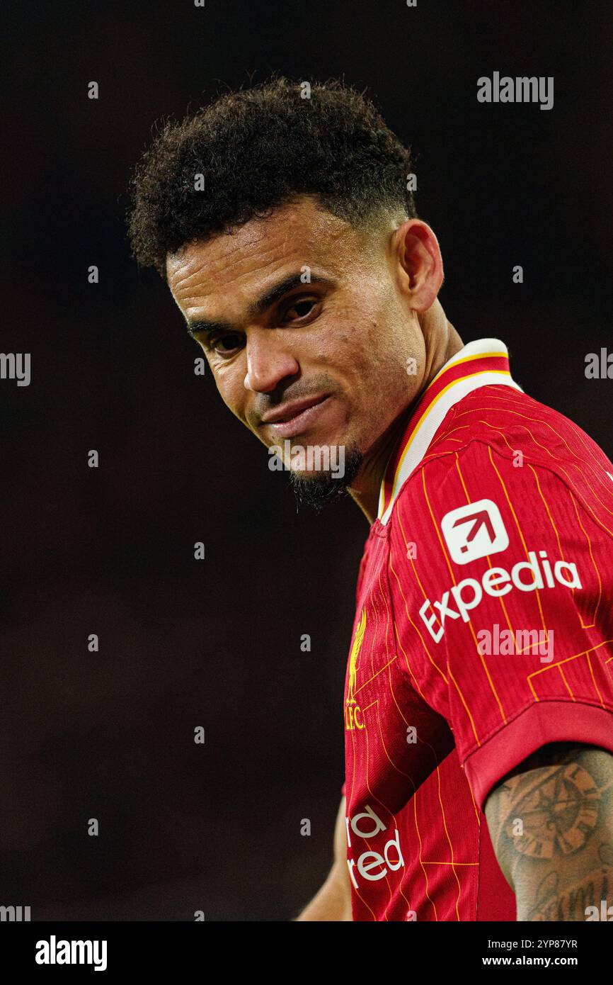 Liverpool Luis Diaz im Spiel während der UEFA Champions League, 2024/25 League Phase MD5 Spiel zwischen Liverpool FC und Real Madrid C.F. in Anfield, Liverpool am Mittwoch, den 27. November 2024. (Foto: Steven Halliwell | MI News) Credit: MI News & Sport /Alamy Live News Stockfoto