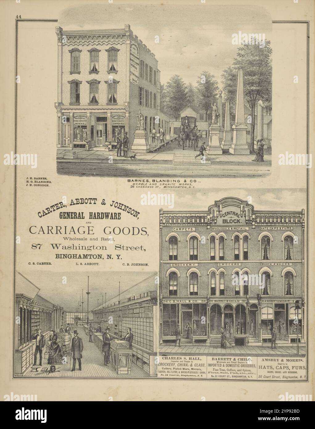 Barnes, Blanding & Co., Marble and Granite Works, 26 Chenango St., Binghamton, N.Y.; Carter, Abbott & Johnson, General Hardware and Carriage Goods, Wholesale and Retail, 87 Washington Street, Binghamton, N.Y.; Charles S. Hall, Importeur und Händler in Geschirr, Porzellan, & Glas, Besteck, Plated-Ware, Spiegel, Teppiche, Öltücher, & Haus- Möbelwaren, No. 34 Court St., Binghamton, N.Y.; Barrett & Kind, Groß- und Einzelhandel Händler in importierten & Haushaltswaren, feine Tränen, Kaffee und Gewürze, Mehl, Salt, Fish, etc., etc., No. 32 Court St., Binghamton, N.Y. ; Amsbry & Morris, Dealers in Stockfoto