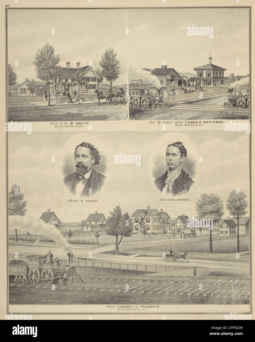 Re. Von F.B. Smith, Union, Broome Co., N.Y.; Res. Und Stone Yard von Amos K. Matteson, Union, Broome Co., N.Y.; Re. Von Henry G. Parsons, Union, Broome Co., N.Y.; Henry G. Parsons, Frau Emma L. Parsons 1876 Stockfoto