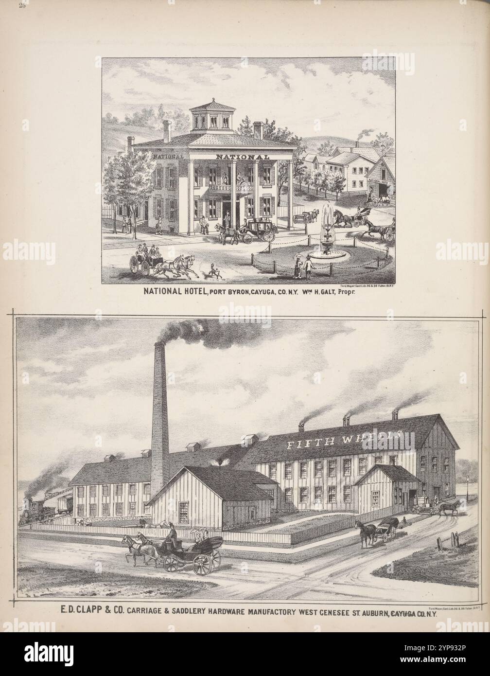 National Hotel, Port Byron, Cayuga, Co. N.Y. W.m H. galt, Propr.; E.D. Clapp & Co. Carry & Saddlery Hardware Manufactory West Genesee St. Auburn, Cayuga Co., N.Y. 1875 von J.B. Beers & Co. Stockfoto