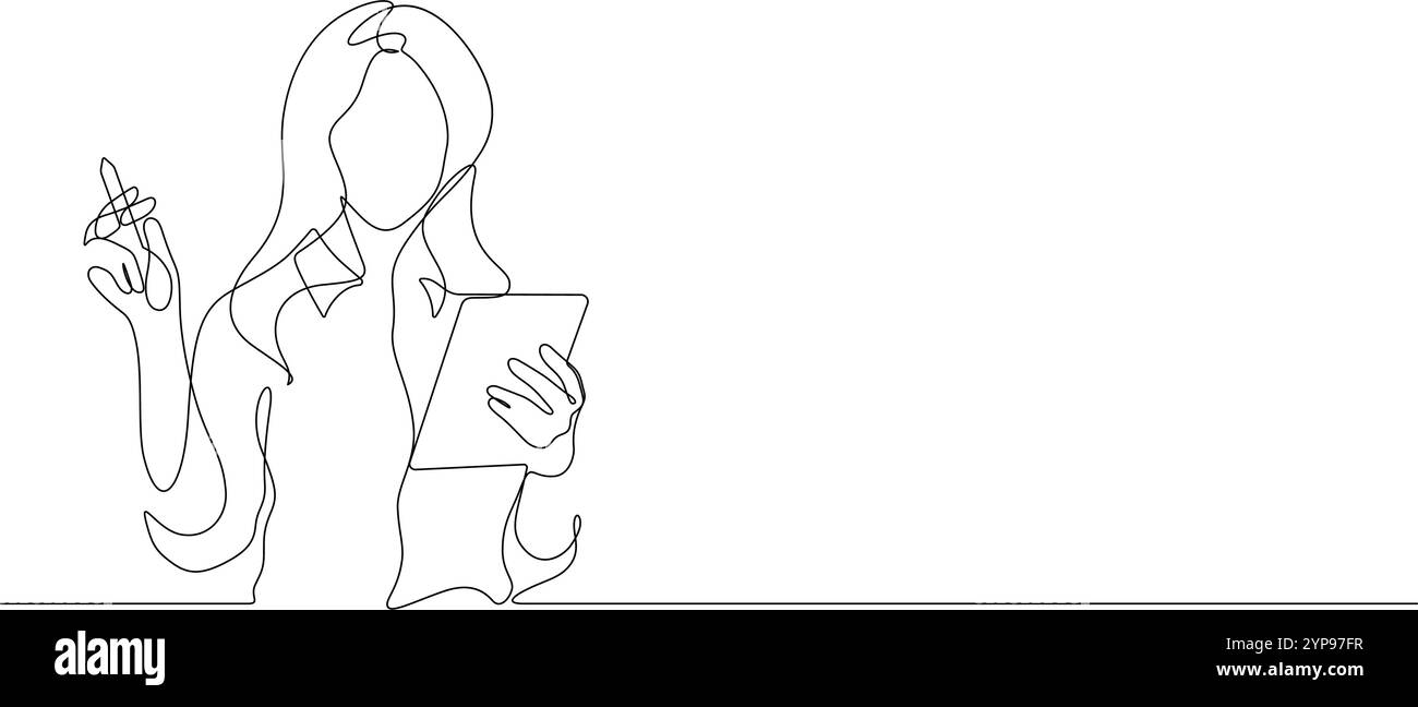Geschäftsfrau, die ein digitales Tablet verwendet, eine Zeile durchgehend zeichnen. Beauty-Frau hält Stift mit lässiger Kleidung posiert Porträt für Werbung VEC Stock Vektor