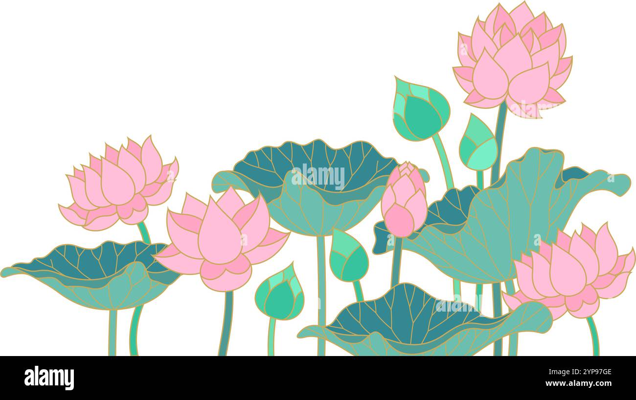 lotus Blumen und Blätter isoliert Ecke Dekoration asiatisch thai Stil flache Umrissillustration Stock Vektor