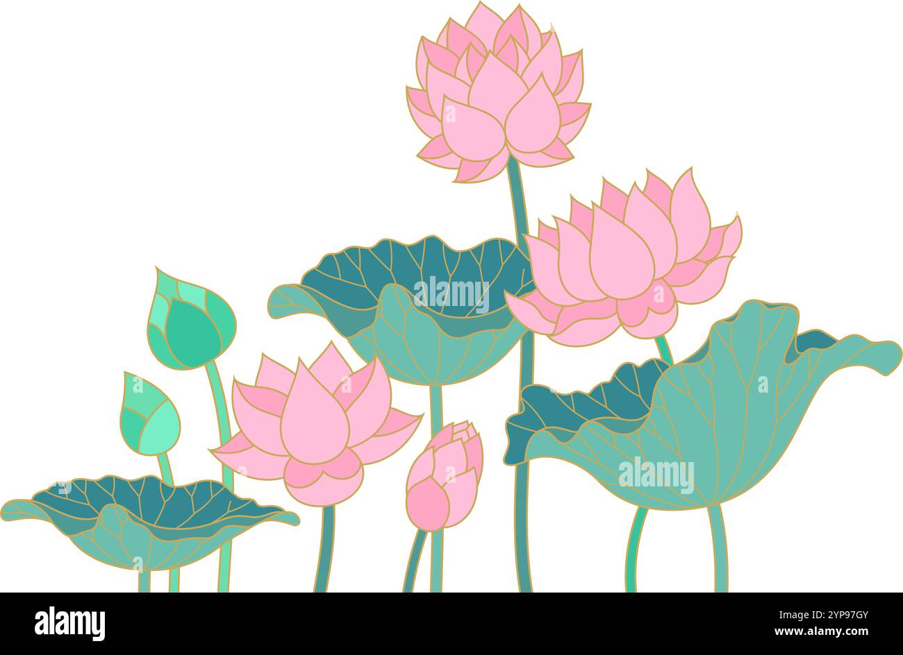 lotus Seerose Blumen und Blätter Dekoration asiatisch thai Stil gefüllt Umrissvektor Illustration Stock Vektor