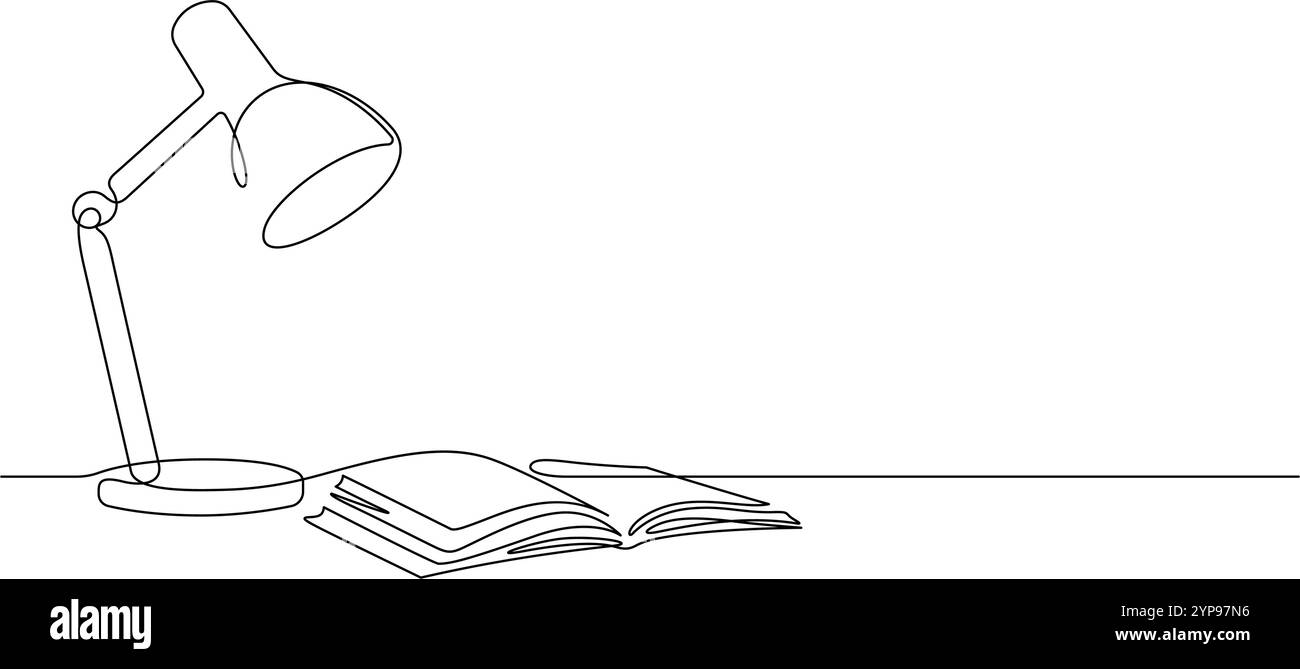 Öffnen Buch und Lampe Arbeitsplatz Schreibtisch Organizer eine Linie Zeichnung Vektor Illustration minimalistische Kunst zurück zu Schule Konzept Stock Vektor