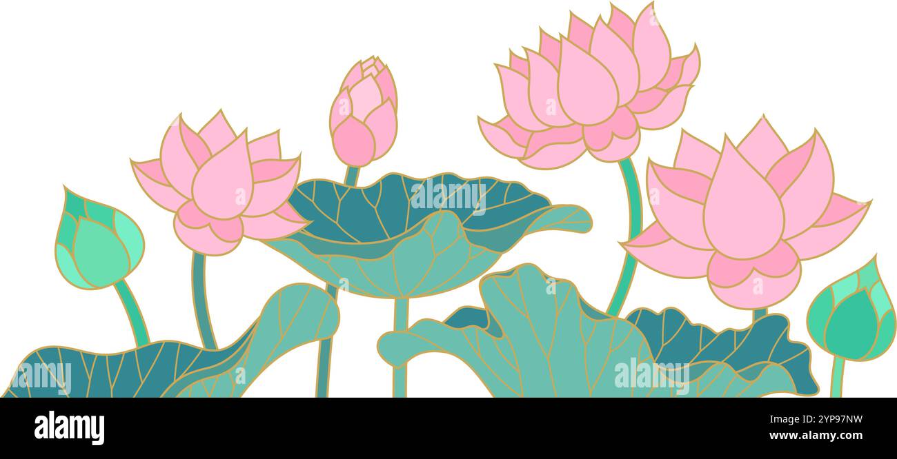 lotus Blumen und Blätter isoliert Dekoration asiatisch thai Stil Vektor Illustration Stock Vektor