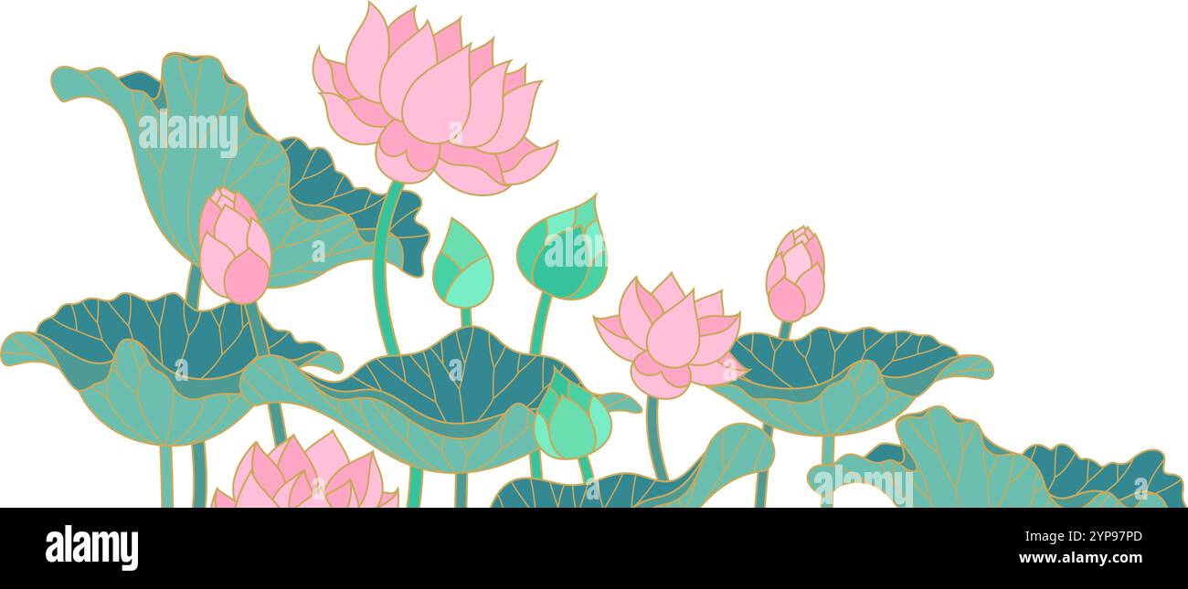 lotus Blumen und Blätter flache Umrissdesign isolierte Dekoration asiatische thai Stil Vektor Illustration Stock Vektor
