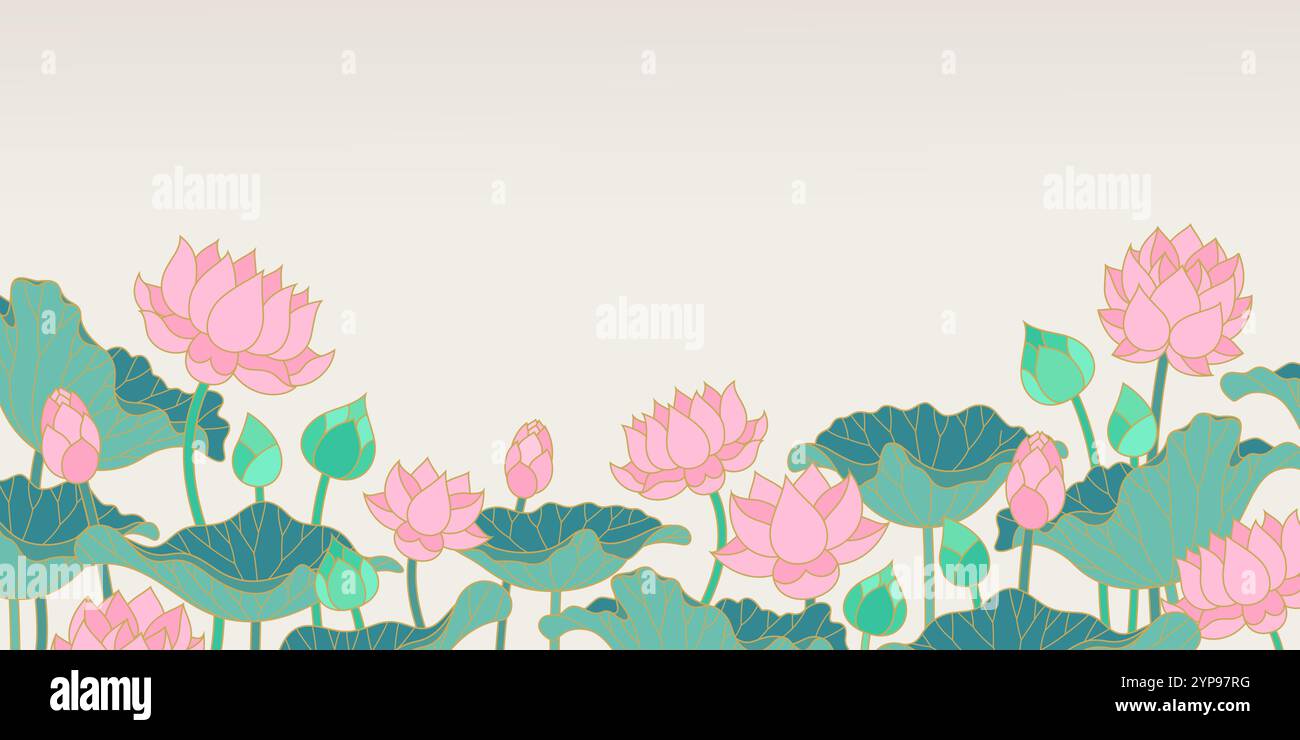 lotus Wasserlilie Blumen und Blätter isoliert auf beigem Hintergrund für Dekoration und Grußvektor Illustration Stock Vektor