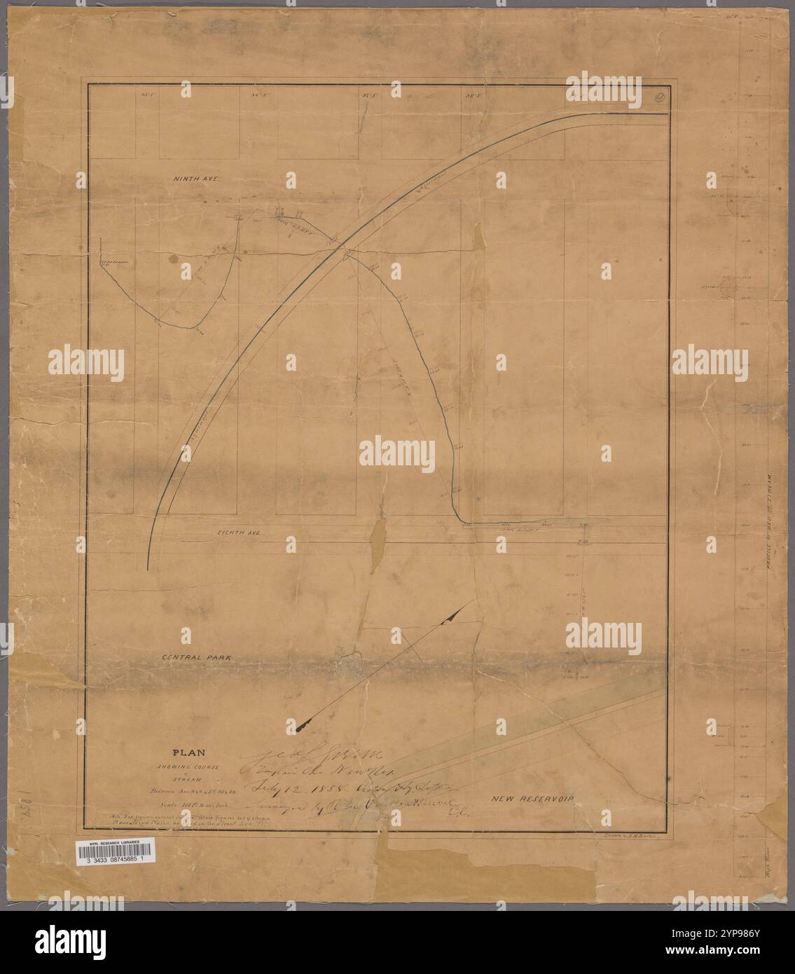 Plan zeigt den Verlauf des Streams zwischen Aves. 8 & 9 & St. 85 & 89 / George S. Green, verantwortlicher Ingenieur. Gezeichnet von E. H. Burton. Von Burton, E.H. Stockfoto