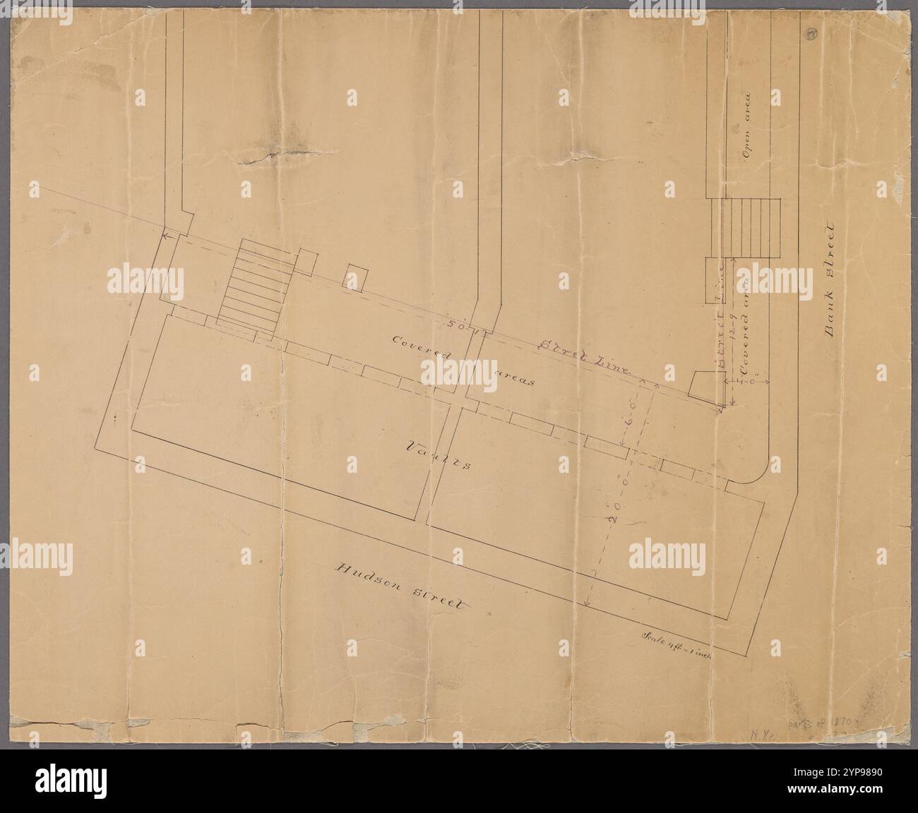 Manuskriptkarte der Ecke Hudson Street und Bank Street in Manhattan, New York. Stockfoto