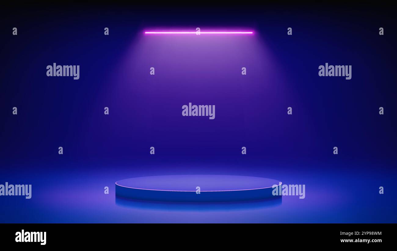 Futuristisch blaue Bühne mit Podium. Blauer Raum mit rundem Podest, beleuchtet von rosa lila LED-Neonlampe. Hintergrund für die Anzeige von Produkten Stock Vektor