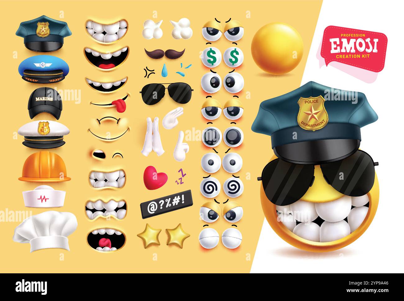 Emoji Police Clipart Creation Kit Zeichensatz. Beruf Emoji 3D editierbares Gesicht mit Hüten, Mund, Schnurrbart, Sonnenbrille, Händen, Herz, Sterne und Auge Stock Vektor