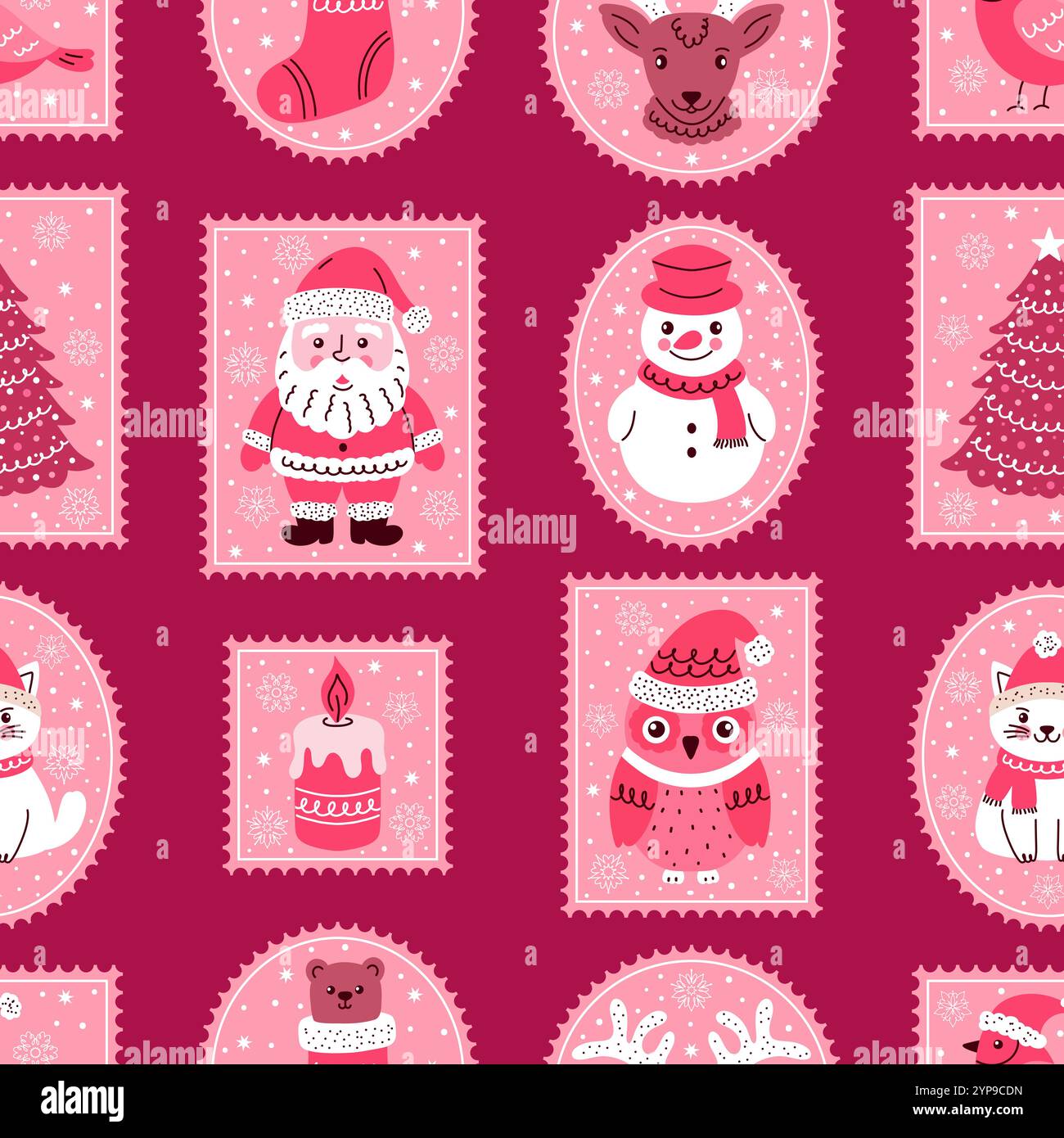 Nahtloses Muster mit Briefmarken mit niedlichen Schriftzeichen im Doodle-Stil für Weihnachten und Neujahr. Stock Vektor