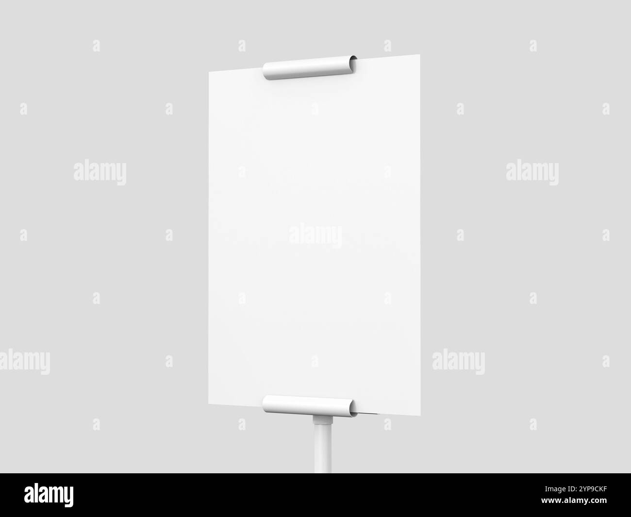 Weißes Poster mit Clip-Stativ, Modell 3D-Rendering Stockfoto