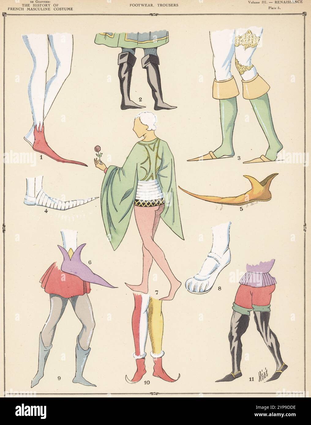 Herrenschuhe und -Hosen aus der Renaissance. Schuhe und Strümpfe eines Herzogs 1, schwarze Zivil-Stiefel 2, edle Top-Stiefel 3, Stoffsocken für lange Rüstungsschuhe 4, Poulaines oder Krakau-Ära von Ludwig XI 5, lackierte Schuhe 6, Obermantel und spitze Schuhe 7, Franziskus I. quadratischer Schuh 8, grauer Schlauch und blaue Stiefel 9, Seitenhose 10 und Graf de Liziards versaute Stiefel 11. Handkolorierte Pochor-Lithografie von Hébé aus Paul Louis de Giafferris Geschichte des französischen Männerkostüms von 420 bis 1870, Foreign Publications, New York, 1927. Stockfoto