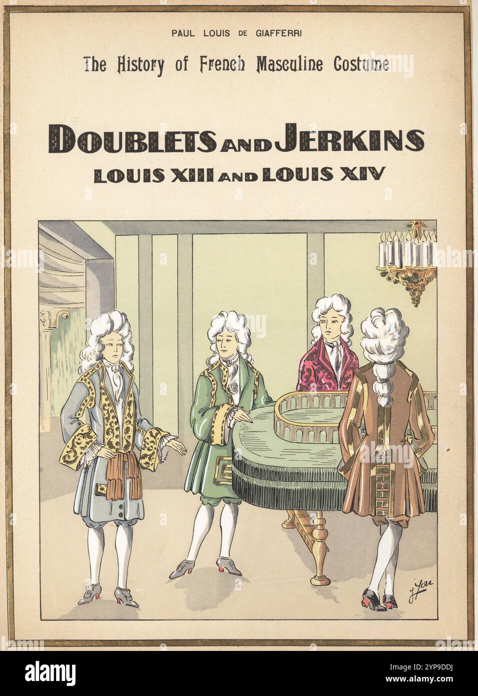 König Ludwig XIV., Familie und Höflinge spielen das Spiel Bagatelle in der ersten Wohnung, Versailles, 1694. Dublets und Jerkins unter Ludwig XII. Und Ludwig XIV. Handkolorierte Pochor-Lithographie von T. You aus Paul Louis de Giafferris Geschichte des französischen Männerkostüms von 420 bis 1870, Foreign Publications, New York, 1927. Stockfoto