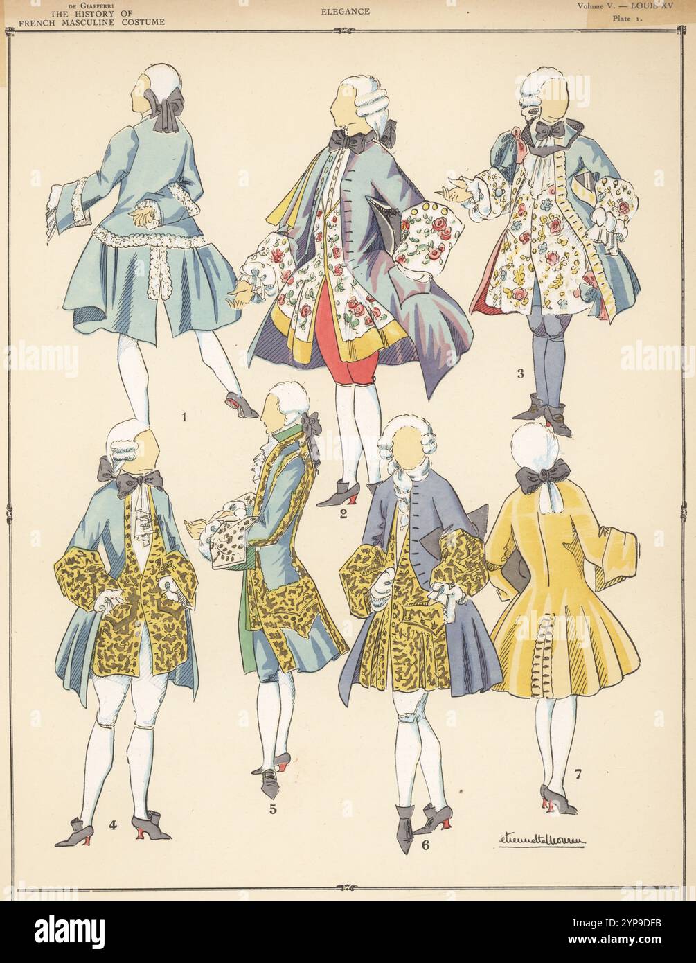 Herrenelegantheit, Ära Louis XV. Kostümkostüm nach Auguste Saint-Aubin 1, zeremonielles Kleid in blauer Seide 2, Herzog de Richelieu Gewohnheit 3, zeremonielle Gewohnheit 4,6, Graf de Jarnac Gewohnheit 5 und gewöhnliche Gewohnheit 7. Handkolorierte Pochor-Lithographie von Etiennette Moureu aus Paul Louis de Giafferris Geschichte des französischen Männerkostüms von 420 bis 1870, Foreign Publications, New York, 1927. Stockfoto