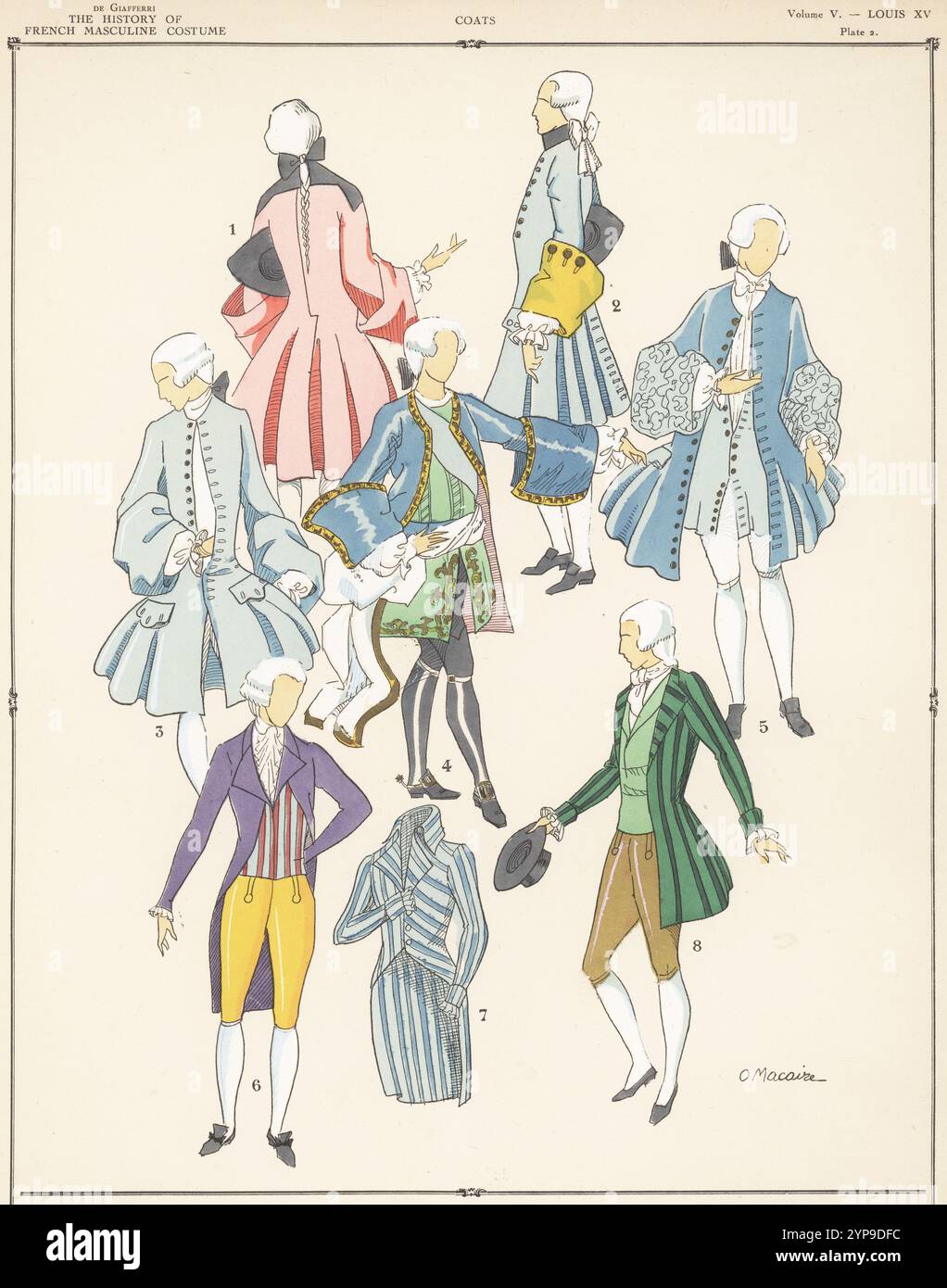 Mäntel für Herren aus der Zeit Ludwigs XV. Rosa Gehrock 1, Dandys Kostüm 2, Landkleid 3, Louis XV von Van Loo 4, Stadtkleid 5, violetter Gehrock 6 und gestreifte Gehrock 7,8. Handkolorierte Pochor-Lithografie von O. Macaire aus Paul Louis de Giafferris Geschichte des französischen Männerkostüms von 420 bis 1870, Foreign Publications, New York, 1927. Stockfoto